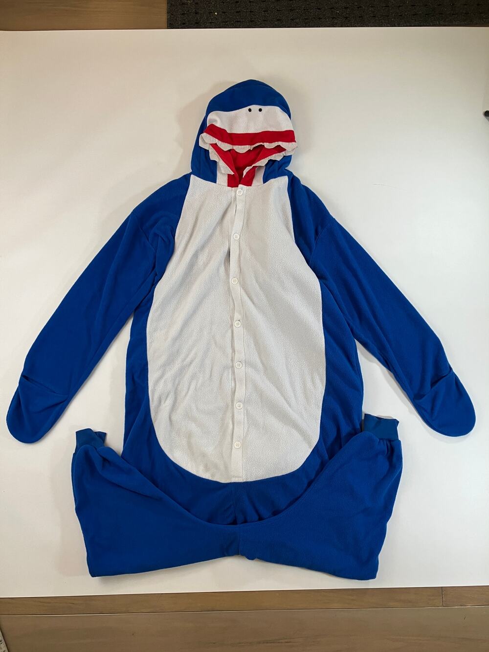 Adult Shark Onesie Costume Large Blue Fleece Hooded Pajamas Tail Fins Teeth